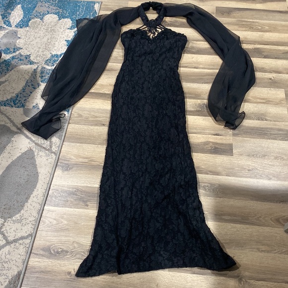 🕷️ Vintage Roberta High Neck Emo Goth Lace Beaded Prom Dress Gown With Sash 🕷️ - Picture 8 of 14